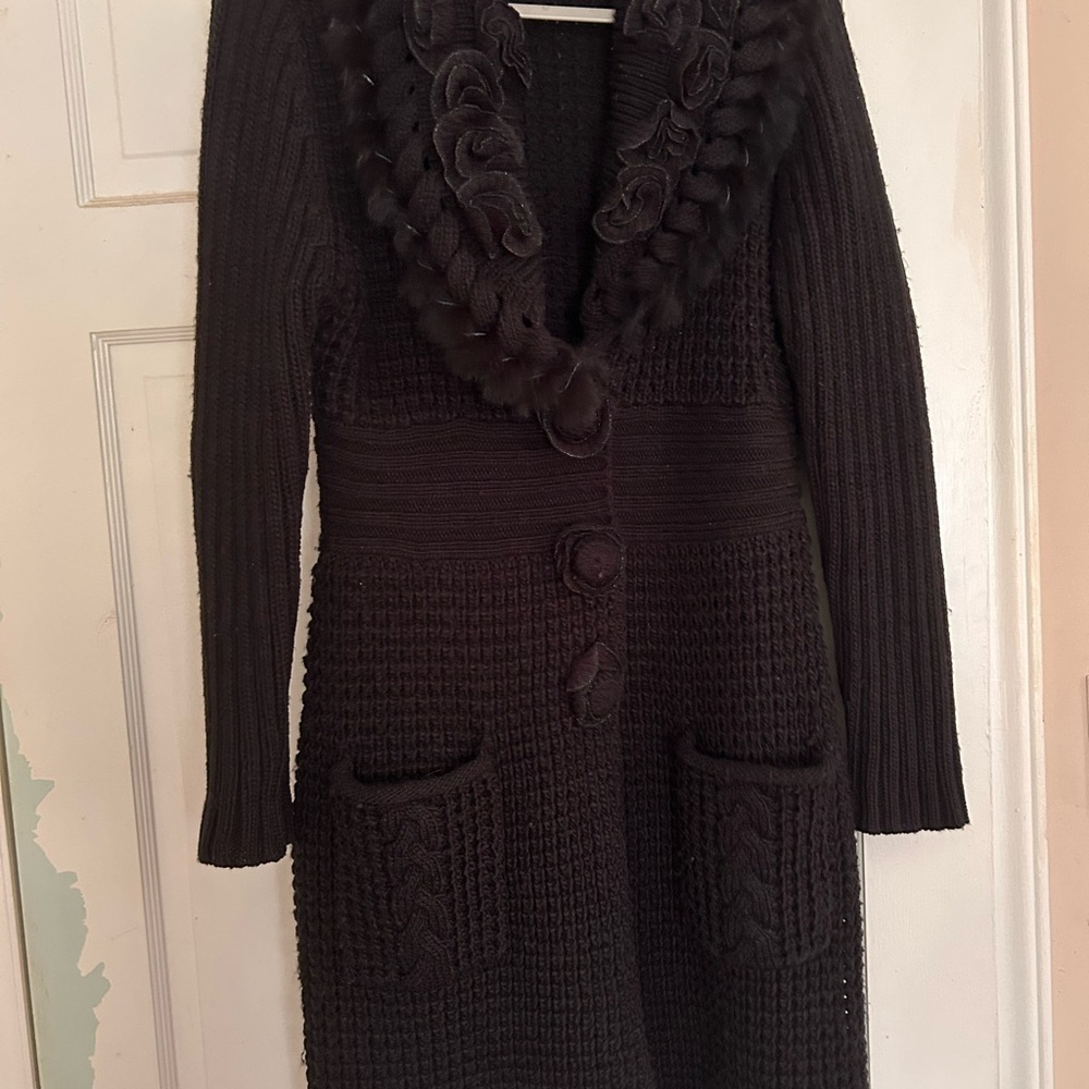Sioni Black Textured Cardigan with Ruffle Detail